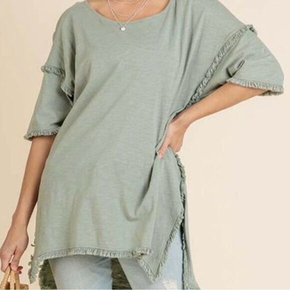 Umgee USA Frayed Detail Green Relaxed Fit Short Sleeve Cotton Tunic Top. Small. - Picture 2 of 9